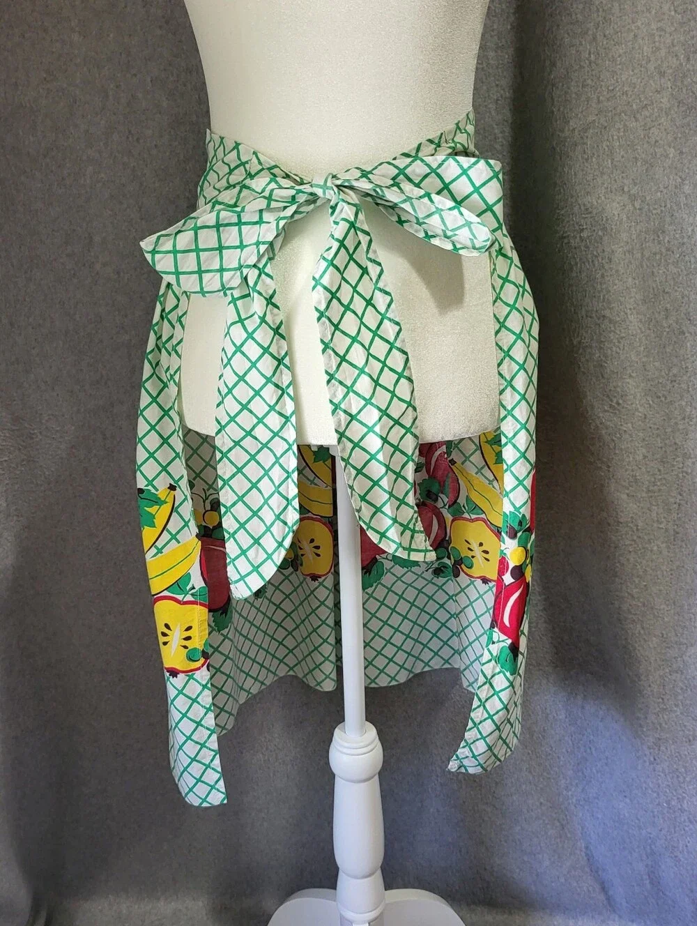 Vintage Handmade Half Apron Fruit Band Green White Grid MCM Kitsch Cottagecore